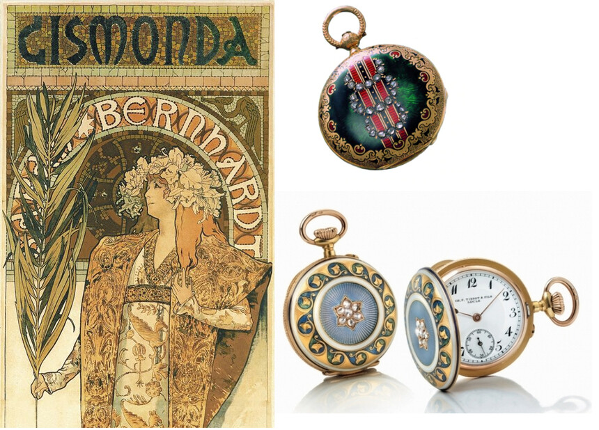 Kapesní hodinky éry Sarah Bernhard měly jak jinak než úžasné secesní zdobení.