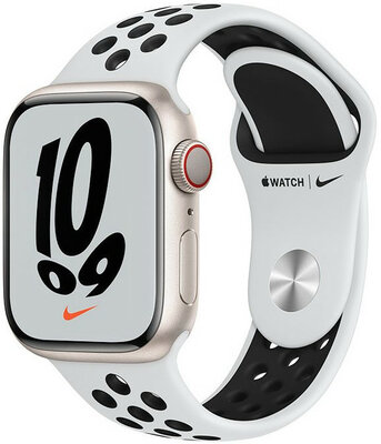 Apple Watch Nike Series 7 GPS + Cellular, 41mm Starlight Aluminium Case / Pure Platinum/Black Nike Sport Band - Regul